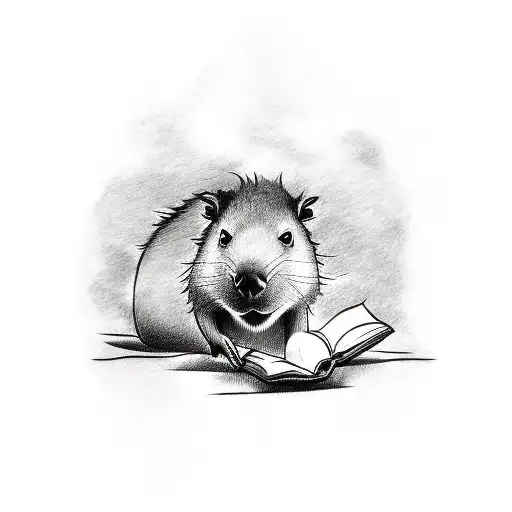A Sketch-style Tattoo Of A Capybara Reading A Book In A Peaceful Rock Garden