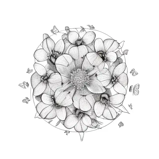 Black Outlined Circle Surrounded By Flowers Grass And Butterfiles