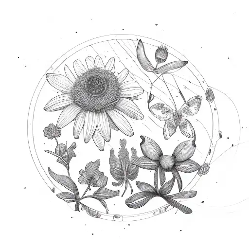 Empty Black Outlined Circle With Flowers Grass And Butterfiles On The Outside Of The Circle