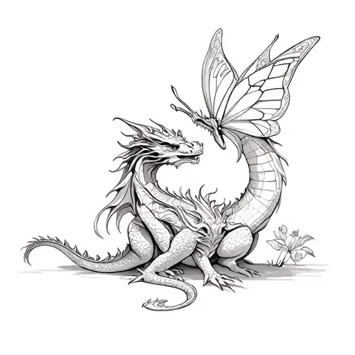 Dragon And Butterfly Sitting Together
