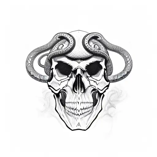 Skull With Ruby Eyes With Snake Wrapping Around It And Smoke Billowing All Around It