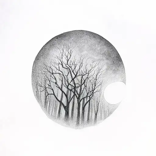 An Eerie Depiction Of A Moonlit Forest With A Crow Perched On A Tree Branch