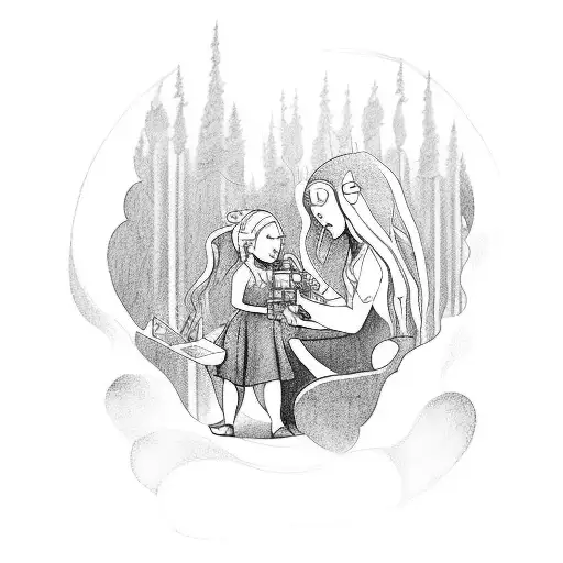 A Surreal Tattoo Depicting You And Your Daughter Playing A Video Game In An Enchanted Forest