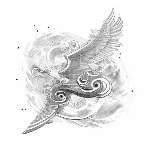 A Sketch-style Depiction Of A Military Aircraft With Wings Made Of Swirling Japanese Waves