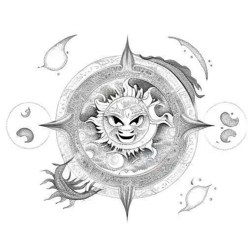 Dragon With Sun And Moon And Flowers