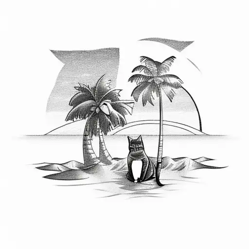 A Sketch-style Tattoo Of A Beach Scene With A Cat Lounging Under A Palm Tree And A Glass Of Wine