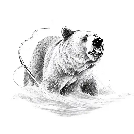 A Sketch-style Tattoo Of A Bear Catching A Fish In A Rushing River