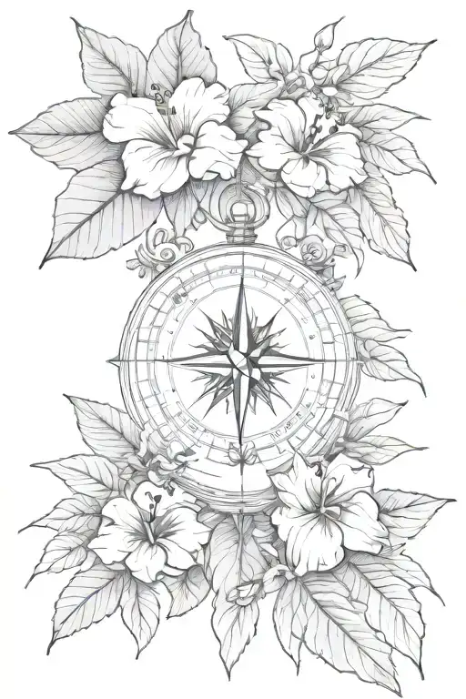 Compass And Hibiscus Flower And Eucalyptus Leaves