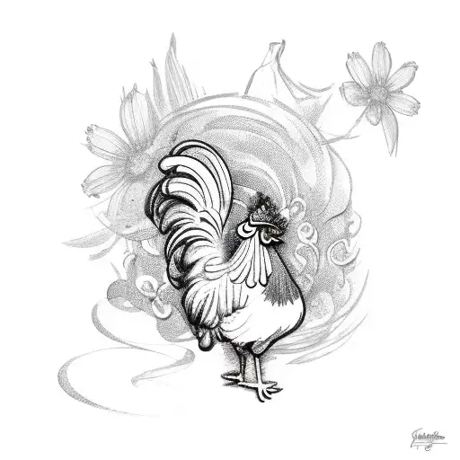 A Rooster On A Baguette Of Bread With A Camembert Cheese With A Lys Flower In The Background