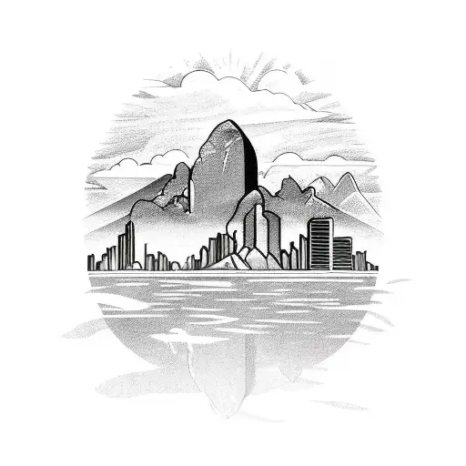 A Sketch-style Tattoo Of A Synthwave-inspired Sunset Over Rio De Janeiro Skyline