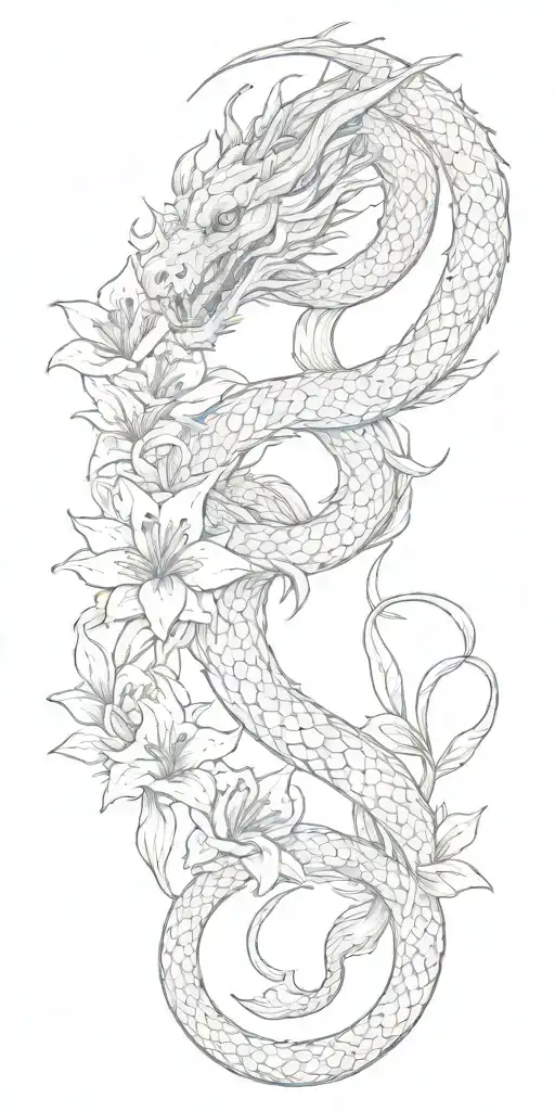 Neutral Looking Dragon Wrapping Around Lilly Flowers Together With A Snake