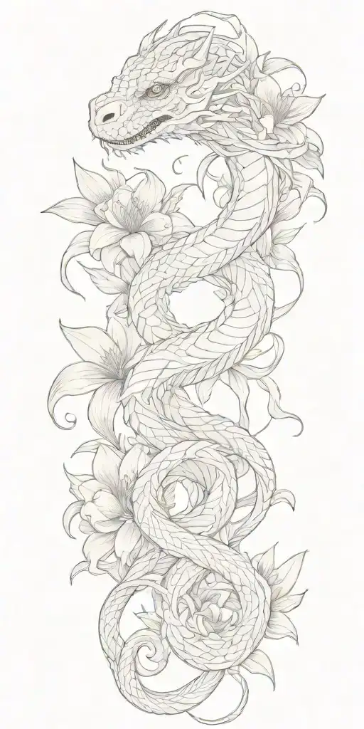 Neutral Looking Dragon Wrapping Around Lilly Flowers Together With A Snake