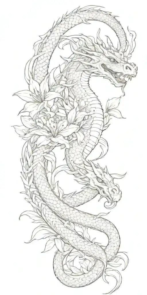 Neutral Looking Dragon Wrapping Around Lilly Flowers Together With A Snake