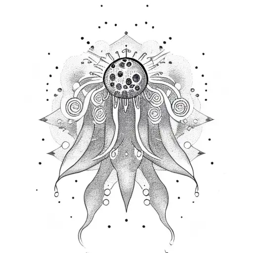 A Dotwork Tattoo Of A Cosmic Jellyfish Floating In Space With Stars And Planets Surrounding It
