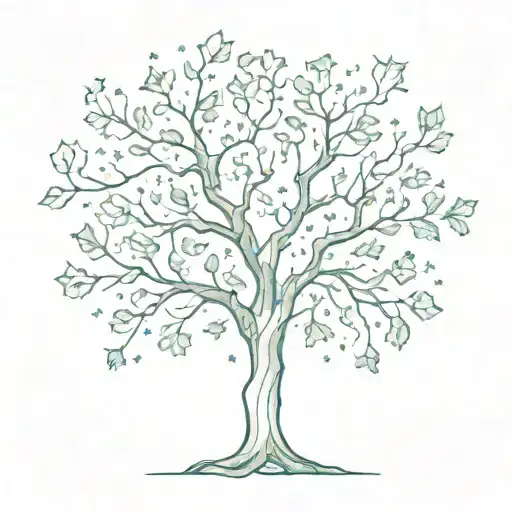 A Sketch Of A Tree Made Up Of Various Leaves And Constellations