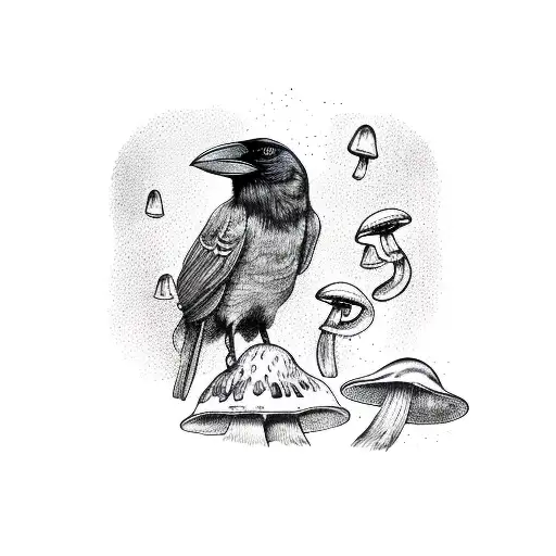 Crow Surrounded By Mushrooms