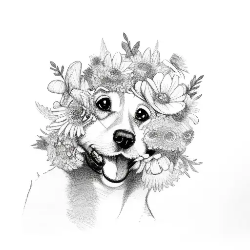 A Playful Sketch Of A Dog Surrounded By Flowers