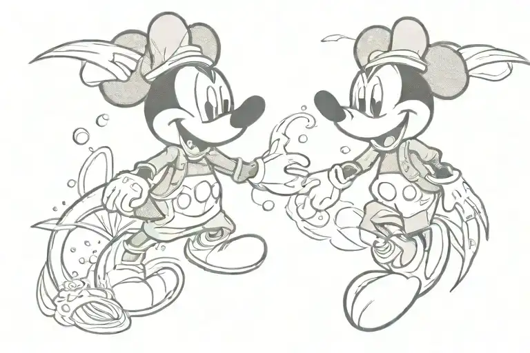 Mickey Mouse Holding A Small Dolphin Leaping