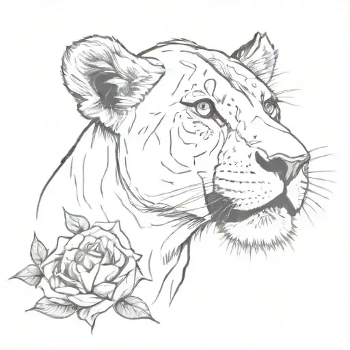 Lioness With A Rose In Its Mouth And Two Birds Flying Over Head