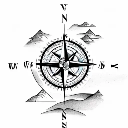 Compass With Mountains And Ocean