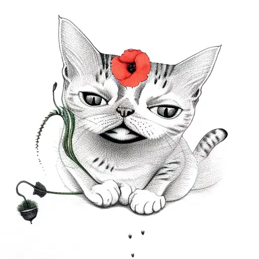 Cat With Poppies And A Frog