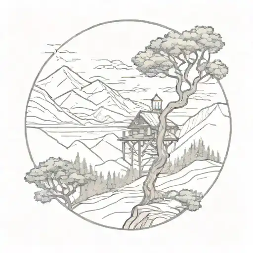 Arrow With A Tree On Top And Mountains On Side