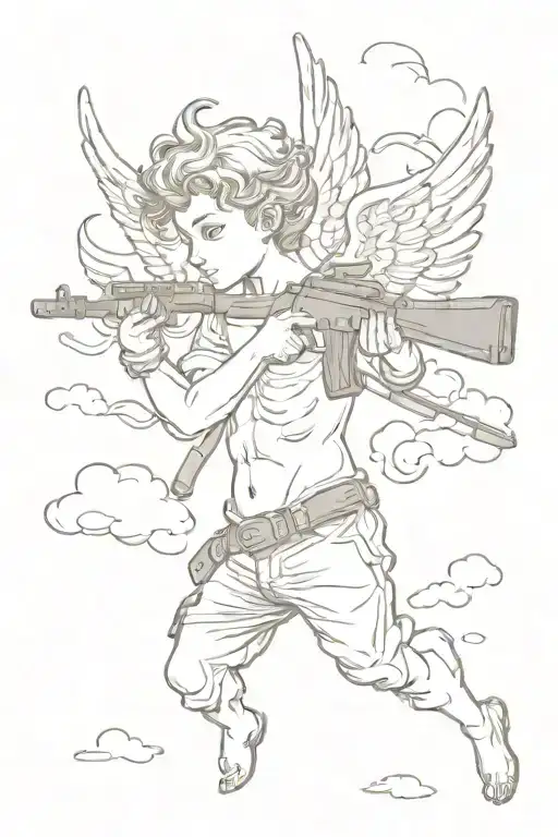Cupid Pointing A Gun To His Head And Clouds Behind Him
