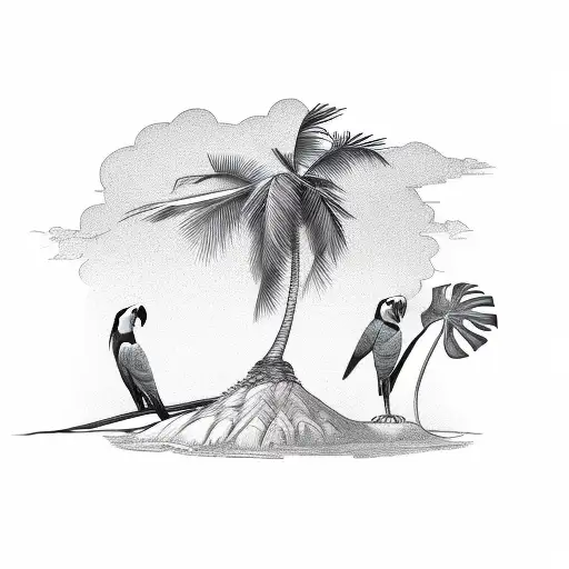 Parrot With A Drink Leaning On A Palm Tree On A Desert Island