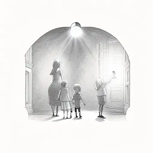 Children With Flashlight In Dark Hall
