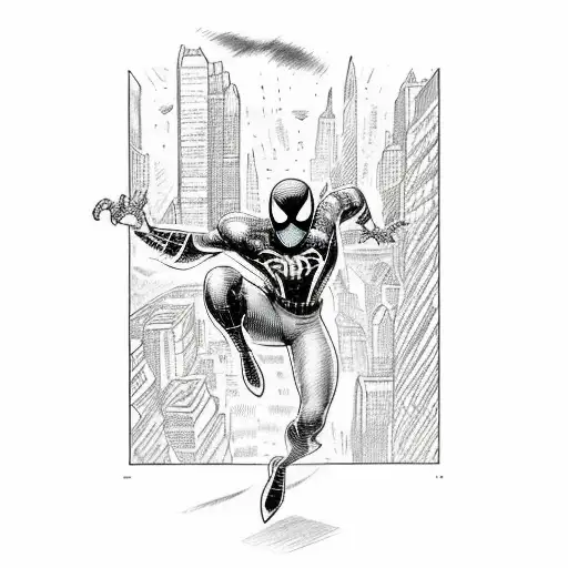 A Tattoo Of Spider-man Swinging Through A Cityscape Made Up Of Comic Book Panels