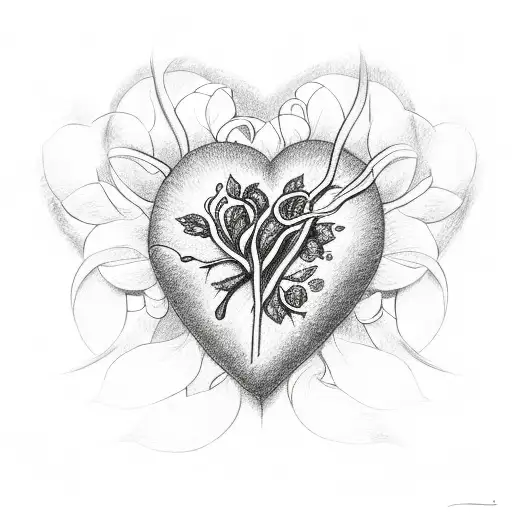 A Black And White Sketch Of A Heart Intertwined With Delicate Flower Vines