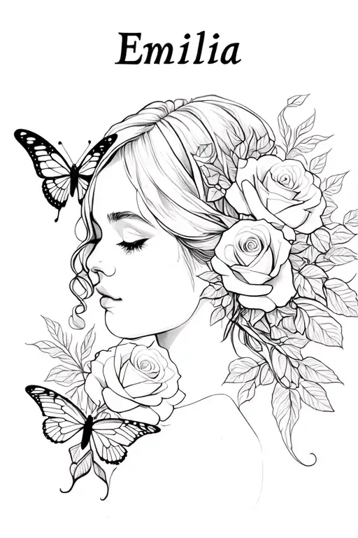 Name Emilia With Roses And Butterflies