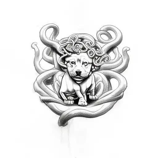 A Sketch-style Tattoo Of A Medusa Holding A Puppy