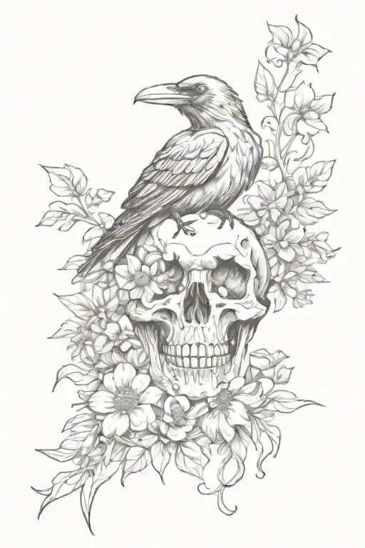 Witchy Raven Skull Surrounded By Wild Flowers