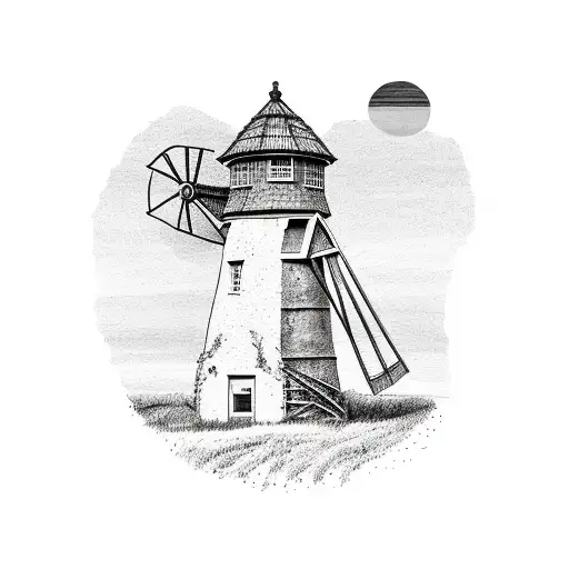 Rural Windmill Tower With Sunset