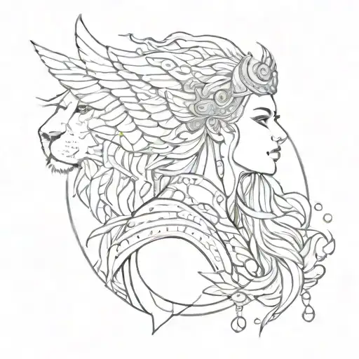 Valkyrie With Wings Lion Dots Lines Sketch For Woman