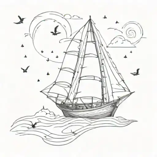 Sail Boat Sailing With Bird Overhead At Night Sky