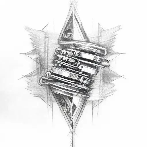 A Sketch-style Tattoo Of A Car Engine Made Out Of Music Notes And Dollar Signs