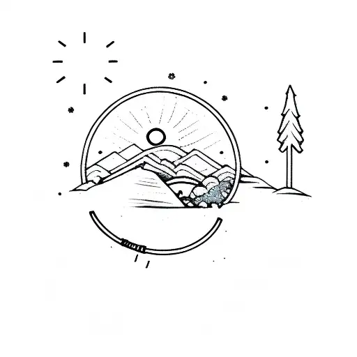 A Tent With A Sun Over A Mountainous Forrest Area