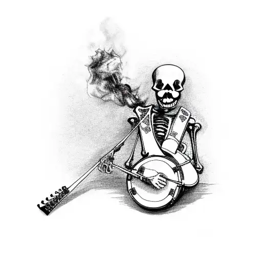 Skeleton Sitting Down Playing Banjo With A Cigarette In Mouth