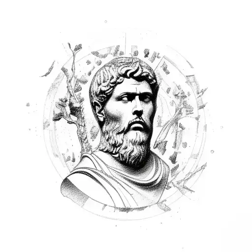 A Detailed Sketch Of A Stoic Philosopher Surrounded By Elements Of Nature
