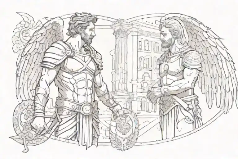 A Sketch On The Chest Showing An Angel And A Gladiator Against The Backdrop Of The Colosseum