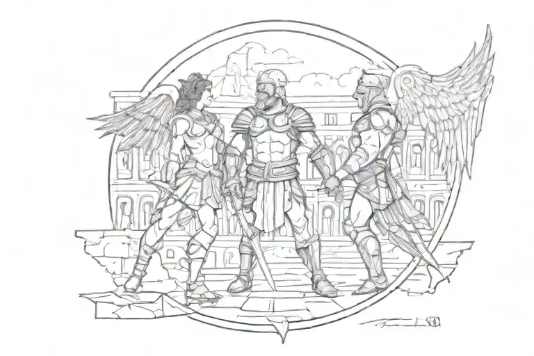 Angel And A Gladiator Against The Backdrop Of The Colosseum