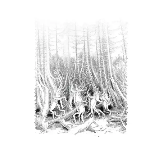 A Detailed Sketch Of A Death Metal Band Performing In A Forest Clearing