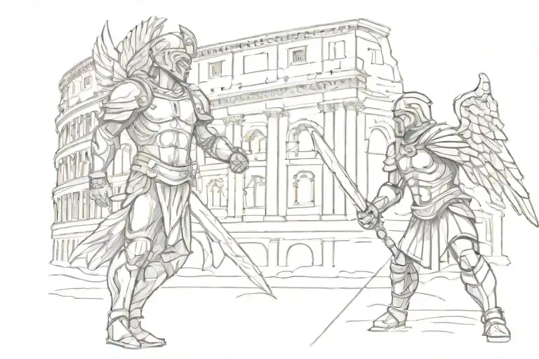 An Angel In The Sun And A Gladiator Against The Backdrop Of The Colosseum