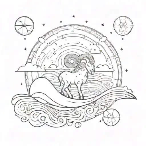 Aries Constellation Interwoven With Tribal Patterns And Waves Crashing On A Hawaiian Shore