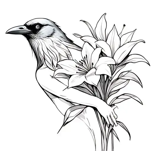 Feminine Raven Holding Lily Flower