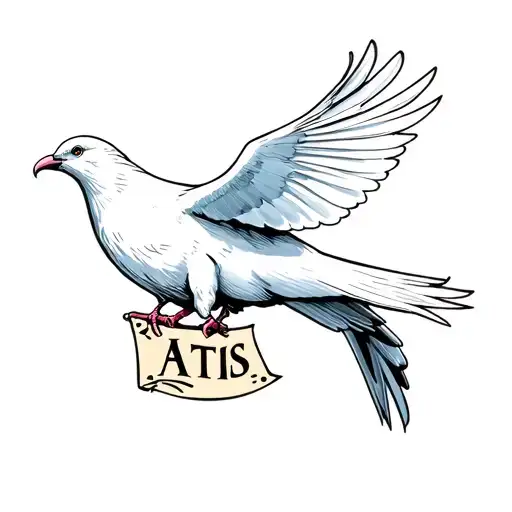 A Realistic Portrait Of A White Dove Carrying A Banner With The Word 'Atis' In Its Beak