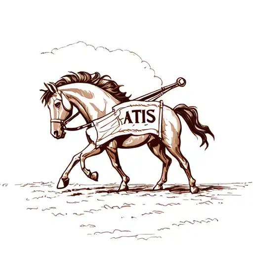 A Brown Horse Carrying A Banner With The Word 'Atis' In Its Beak
