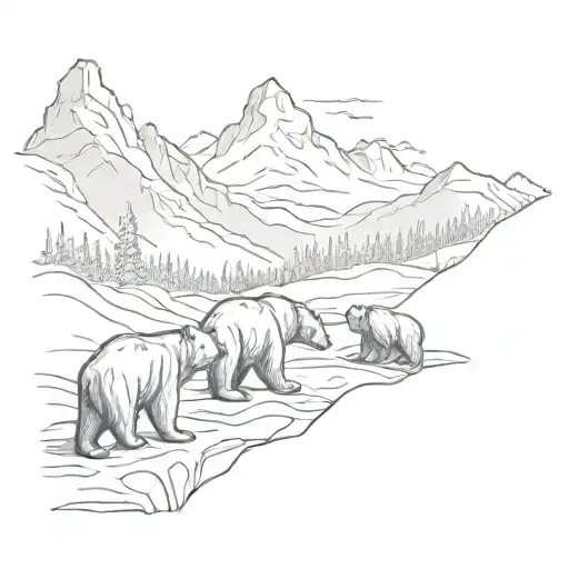 A Mystical Mountain Range In The Background With A Trio Of Bears Roaming In The Foreground